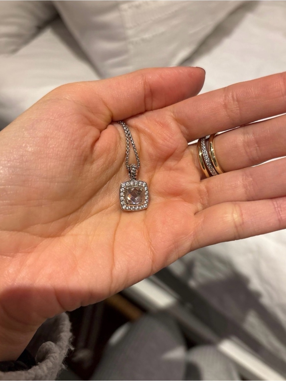 Sterling Silver Cushion Halo Pendant Necklace in Clear Crystal